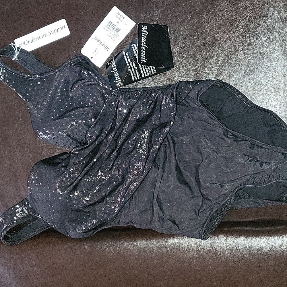 Miracle suit bathing suit, black with gold dots